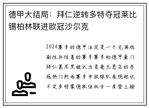 德甲大结局：拜仁逆转多特夺冠莱比锡柏林联进欧冠沙尔克