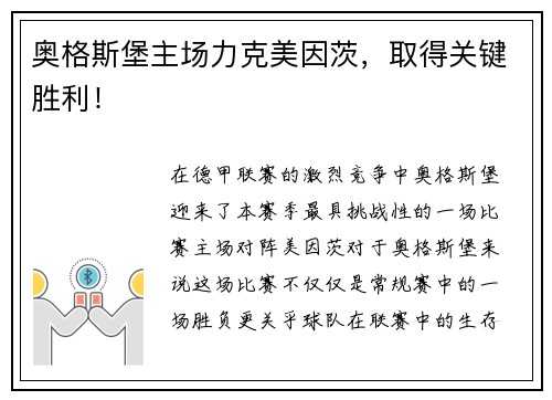 奥格斯堡主场力克美因茨，取得关键胜利！