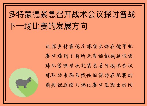 多特蒙德紧急召开战术会议探讨备战下一场比赛的发展方向