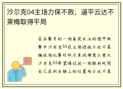 沙尔克04主场力保不败，逼平云达不莱梅取得平局