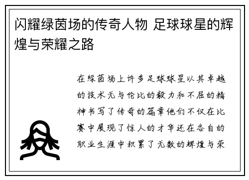 闪耀绿茵场的传奇人物 足球球星的辉煌与荣耀之路