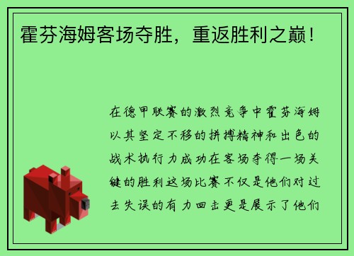 霍芬海姆客场夺胜，重返胜利之巅！