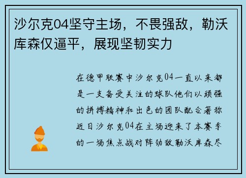 沙尔克04坚守主场，不畏强敌，勒沃库森仅逼平，展现坚韧实力