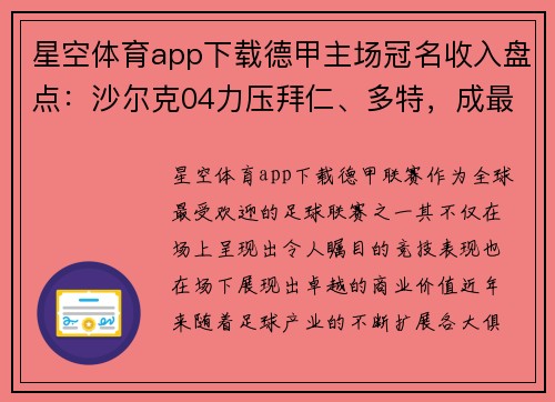 星空体育app下载德甲主场冠名收入盘点：沙尔克04力压拜仁、多特，成最大赢家