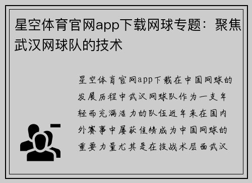 星空体育官网app下载网球专题：聚焦武汉网球队的技术