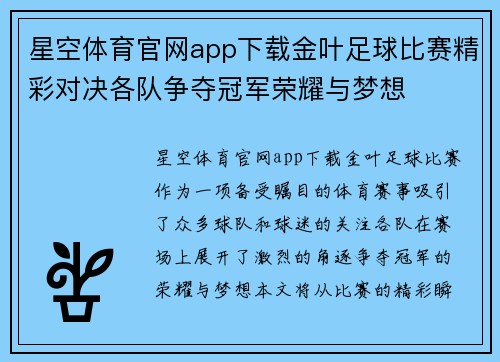 星空体育官网app下载金叶足球比赛精彩对决各队争夺冠军荣耀与梦想